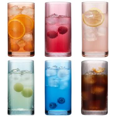 Imagem de Physkoa Conjunto de copos de bebida com nervuras de 170 – 473 ml de vidro colorido de inspiração vintage – pesado, durável, perfeito para água, coquetéis, café e uso diário
