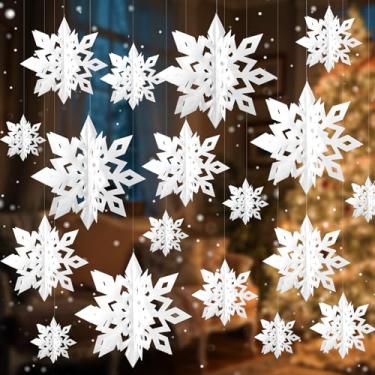 Imagem de Decorações de Natal para pendurar floco de neve, 24 peças de flocos de neve de papel branco 3D, enfeite de guirlanda de flocos de neve para teto, Natal, inverno, ano novo, feriado, aniversário, casa