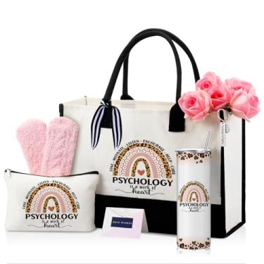 Imagem de Geiserailie 8 peças de presentes de psicólogo para mulheres, incluindo sacola grande de cosméticos, copo de copo, meias de pelúcia, chaveiro de metal, cartão e envelope para presentes de agradecimento
