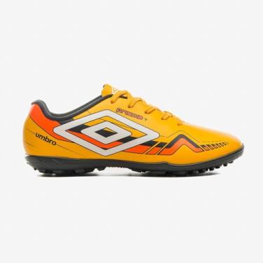 Imagem de Chuteira Society, Prisma+, Umbro, Masculina, Amarelo/Branco/Laranja Flúor, 44