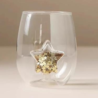 Imagem de Conjunto de 2 taças de vinho estrela com estrela dentro, item 3D exclusivo feito à mão, presentes de copo de vidro para namorados, aniversários, casamentos (400 ml, 368 g, ouro)