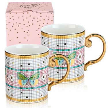 Imagem de Yiyiring 2 canecas Cottagecore vintage pastoral xícara de chá de café 283 g xícaras de café expresso com estampa xadrez borboleta lembranças presentes de aniversário para meninas, amigas, escritório