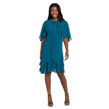 Imagem de R&M Richards Vestido feminino de chiffon com babados e capuz destacável com gola amarrada - coquetel e noite, Azul-petróleo, 44