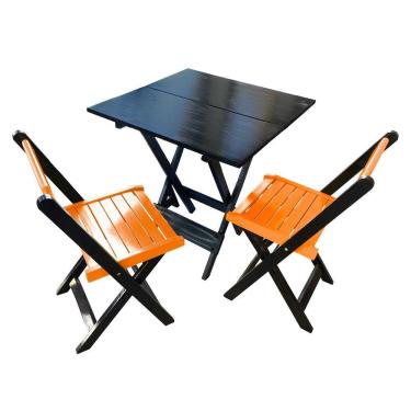 Imagem de Mesa De Madeira Dobrável Preto 70x70 Com 2 Cadeiras Dobráveis Laranja - Laranja