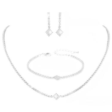 Imagem de Conjunto de joias de strass de noiva, colar, brincos e pulseira, elegante e ajustável, ótimo para presentes e ocasiões