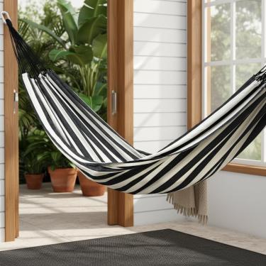 Imagem de Rede de Dormir Casal, Listrada Preto com Bege, 3,90m x 1,50m, 100% Algodão, Capacidade 250kg, Portátil