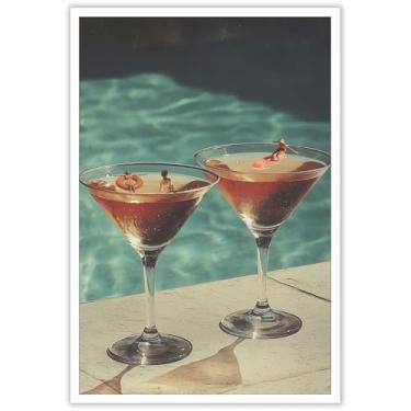 Imagem de Pôster vintage Martini Dois coquetéis à beira da piscina, arte de parede em tela, decoração de festa na piscina, decoração de parede para casa, quarto, dormitório, decoração de parede, 30,5 x 40,6 cm