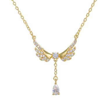 Imagem de ML Colar de asa de anjo delicado para mulheres com gota de água de cristal, corrente banhada a ouro real com asas de zircônia, pingente de gota cúbica, Medium, Latão, Zircônia cúbica