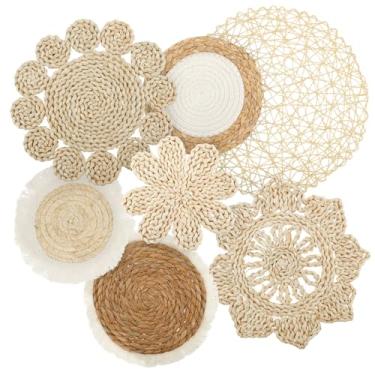 Imagem de 7 cestos de parede boêmios rota decoração de parede de vime redondo cestas de parede para decoração de quarto e sala de estar (estilo 4)