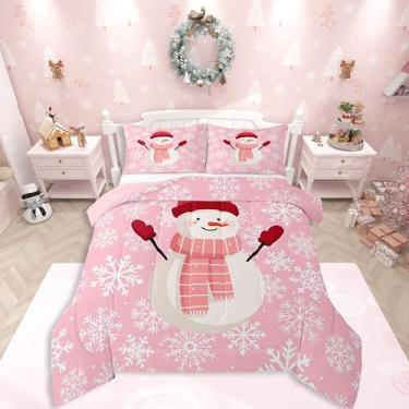 Imagem de Feelyou Conjunto de cama de Natal macio para meninos e meninas, boneco de neve, rosa, tamanho casal, flocos de neve, edredom de microfibra, inverno, neve, decoração de quarto, 3 peças com 2 fronhas