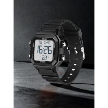 Imagem de Relógios digitais com caixa quadrada esportiva à prova d'água, relógio de pulso masculino com luz noturna LED alarme data cronômetro, Preto