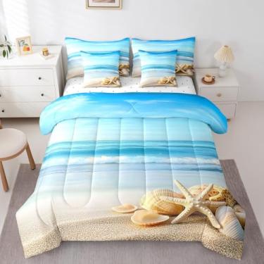 Imagem de Feelyou Conjunto de edredom com tema de praia, 7 peças, estrela-do-mar, concha, oceano, mar, natureza, estampa de verão, férias, cama em uma bolsa com edredom, lençóis, fronhas e capa de almofada
