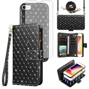 Imagem de Capa carteira compatível com iPhone 7/8/SE 2020/2022 com zíper para celular e película protetora de tela com glitter flip para iPhone7 iPhone8 7s 8s i SE2020 SE2022 2/2nd/3/3rd mulheres meninas preta