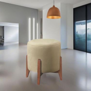 Imagem de Puff Estofado Decorativo Sala Redondo Luxo Madrid Linho Bege