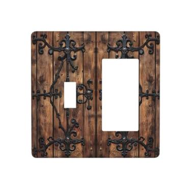 Imagem de BHGAHD Capas de tomada decorativas com porta de celeiro de madeira marrom vintage com design de ferragens de bronze antigo, placa de parede 2 Gang 1 Gang Placa de interruptor de interruptor de luz de