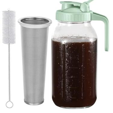 Imagem de Glyntrof Jarra para cafeteira Cold Brew, verde, 1,8 g, frasco de vidro de boca larga resistente para bico com filtro de aço inoxidável para café gelado, bebidas geladas