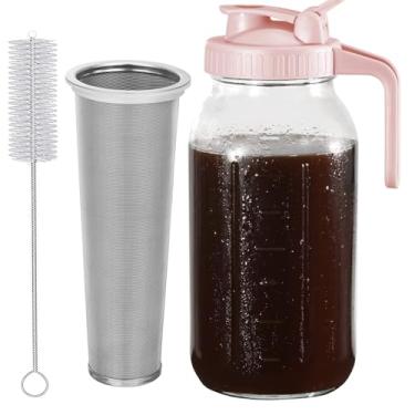 Imagem de Glyntrof Jarra para cafeteira Cold Brew, rosa, 1,8 g, resistente, de vidro de boca larga, tampa com filtro de aço inoxidável para café gelado, bebidas geladas