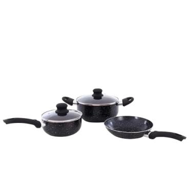 Imagem de Conjunto de Panelas Antiaderente 3 Peças, Preto com Revestimento Marmoreado, Alumínio com Tampas de Vidro, Caçarola 16cm, Panela 20cm e Frigideira 20cm