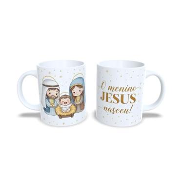 Imagem de Caneca de Cerâmica Branca 325ml, Tema Natal Sagrada Família, com Estrelas Douradas e Presépio (23184)