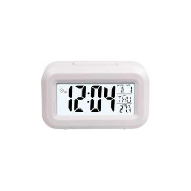 Imagem de Mini Relógio Despertador Digital, Branco, Plástico, Vidro e Componentes Eletrônicos, Display LED Colorido, Função Soneca, Exibe Hora, Data e Temperatura, 8x8x8cm, Alimentado por Pilhas