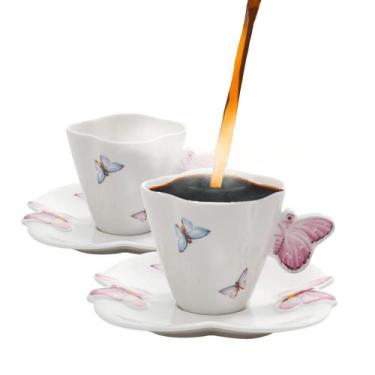 Imagem de Xicaras Porcelana Com Pires Café 100ml Borboletas Jogo 2 Pçs - WOLFF