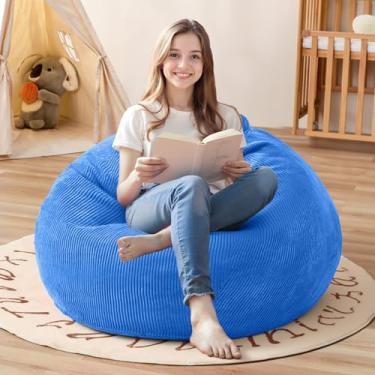 Imagem de Cansunna Cadeira de saco de feijão de 2,5 pés: sacos de feijão em forma de gota com enchimento de espuma de memória, poltronas compactas, sofá macio com capa de veludo cotelê, azul