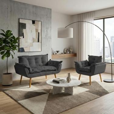 Imagem de Kit Namoradeira Decorativa e Poltrona Para Sala Recepção Manicure Consultório Escritório Alice Tecido Suede (Preto)