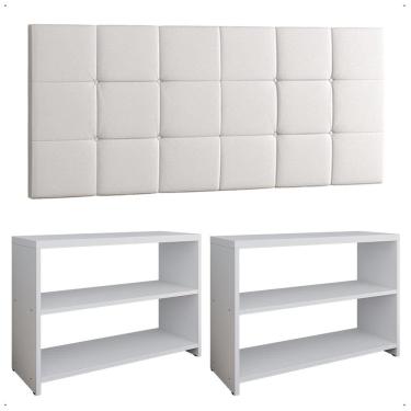 Imagem de Kit Sapateira Compacta Assento Banquinho Quarto Branco Cabeceira Cama Box King Size 1,95 Corino - Lojas RPM