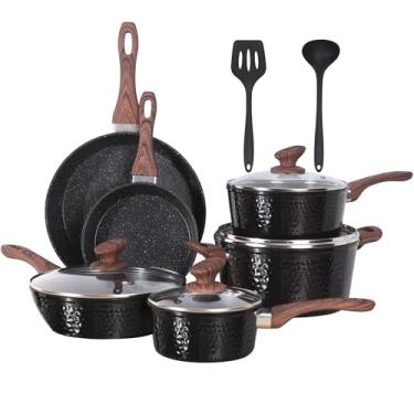 Imagem de Kitchen Academy Conjunto de panelas marteladas por indução – Conjunto de 12 peças de panelas antiaderentes para cozinha, conjunto de panelas e frigideiras de granito preto
