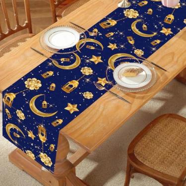 Imagem de Eid Mubarak Caminho de mesa, decorações azuis Ramadan Kareem com versão completa padrão de lanterna de flor da lua, corredores de mesa de jantar de cozinha para decoração islâmica de feliz feriado e
