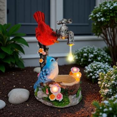 Imagem de Estátua solar de pássaros cardeais com alimentador de pássaros, decoração de jardim de resina, torneira que muda de cor, estatueta de fonte à prova d'água, ornamentos de pássaros para quintal, pátio