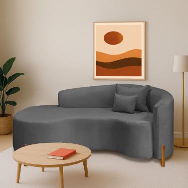 Imagem de Divã Recamier Curvo Sala De Estar Recepção Inglaterra 200cm Pés Madeira Lado Esquerdo Linho Cinza Escuro