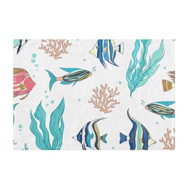 Imagem de Burbuja Tapete de banho Fishes, tapete de banheiro absorvente extra macio com suporte antiderrapante para banheiro, banheira, chuveiro, 40 x 61 cm