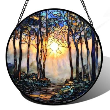Imagem de DASTOLL Captador de sol para janela de vitral, floresta, nascer do sol, azul, marrom, árvore, para portas, janela, casa, paisagem, apanhadores de sol, decoração de dia das mães, presentes de