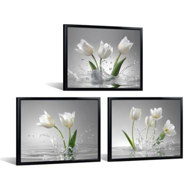 Imagem de iKNOW FOTO Conjunto de arte de parede de tulipa branca com 3 impressões em tela floral emolduradas pretas arte de flores modernas para banheiro, quarto, sala de estar, spa, escritório, decoração, tela