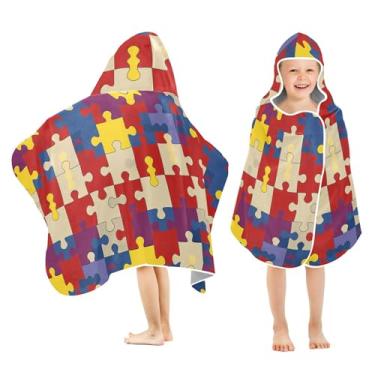 Imagem de Burbuja Quebra-cabeça colorido toalha de banho com capuz para crianças, toalha de praia de pelúcia macia absorvente para chá de meninas e meninos 3-10 anos, 61 x 127 cm