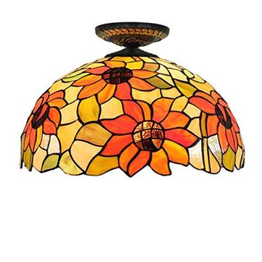 Imagem de Luminária de teto estilo Tiffany com girassóis, 40 cm (16 polegadas), vintage, campestre, floral, feita à mão, em vitral, para quarto e sala de estar, soquete E27, D.