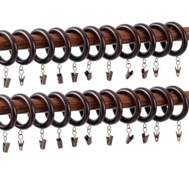 Imagem de Anéis de cortina de madeira de faia marrom natural com clipes, 7 cm externo/4,5 cm de diâmetro interno para hastes de 2,9 a 4,5 cm, anéis de cortina rústica de fazenda, acabamento suave para decoração