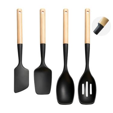 Imagem de Svailse Conjunto de 4 espátulas de silicone, colheres de espátulas para panelas antiaderentes, colheres de cabo de madeira para misturar, girar, raspar e espalhar (estilo 2)