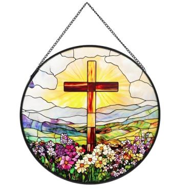 Imagem de Payutou Vitral pendurado, painel de vidro para apanhadores de sol de 20 cm para porta de casa, cruz e flores silvestres, decoração de apanhador de sol para religiosa Páscoa, fé, Natal, presentes de