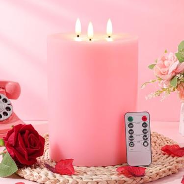 Imagem de Retisee Velas rosa extra grandes sem chama, 15 cm x 20 cm, LED, cera real, 3 mechas cintilantes, com temporizador de controle remoto, para decoração de festa de Natal e casamento em casa