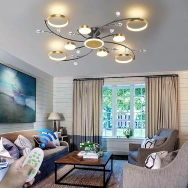 Imagem de Luminária de teto moderna com cristais LED, em ferro preto e dourado com detalhes florais, estilo nórdico, para sala de estar com controle remoto, tipo lustre, ideal para quarto, escritório