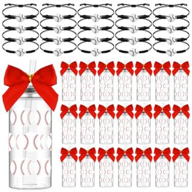 Imagem de Skylety Conjunto de 20 lembrancinhas de festa de beisebol, 20 peças, copos de plástico reutilizáveis de 382 g com tampa e palha, 20 peças de pulseiras para presentes de equipe de beisebol, aniversário