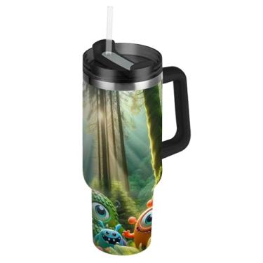 Imagem de Copos de aço inoxidável com tampa e canudos Caneca de café quente monstros cômicos verde floresta para carro copo Termo com alça Garrafas de água isoladas de 1,134 g