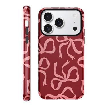 Imagem de Vulfwela Linda capa de telefone com laço rosa para iPhone 17 Pro Max 6,9 polegadas, fita estética padrão laço 2 em 1 capa vermelha brilhante à prova de choque fina macia TPU rígido proteção de PC