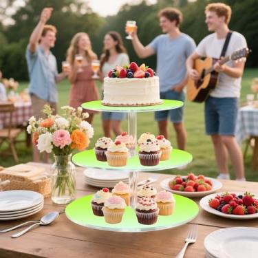 Imagem de Suporte de cupcake para festa de chá de 3 níveis, para exibição de torre de bolo, suporte de sobremesa, bandeja de servir comida, personalizada, aniversário, casamento, limão, verde, ciano claro