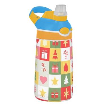 Imagem de Garrafa de água infantil de 473 ml com tampa de palha, garrafa de água esportiva portátil para escola à prova de vazamento 473 ml, copo infantil Tritan, alça de transporte, quadrados geométricos de