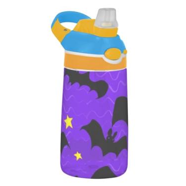 Imagem de Garrafa de água esportiva infantil Tritan de 473 ml com tampa de palha, garrafa de água reutilizável para escola, copos de viagem portáteis de 473 ml para crianças, alça de transporte, morcegos pretos