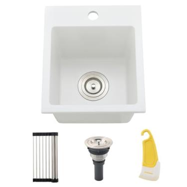 Imagem de BoomHoze Pia de bar branca, pia de cozinha de tigela única de 33 x 38 cm, granito branco, composto de quartzo, montagem superior para trailer, pia de preparação de cozinha com rodo de borracha pequeno