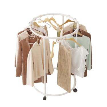 Imagem de Expositor de cabide circular giratório com rodízios para loja de roupas, suporte metálico ajustável para organização e exposição prática (Branco)